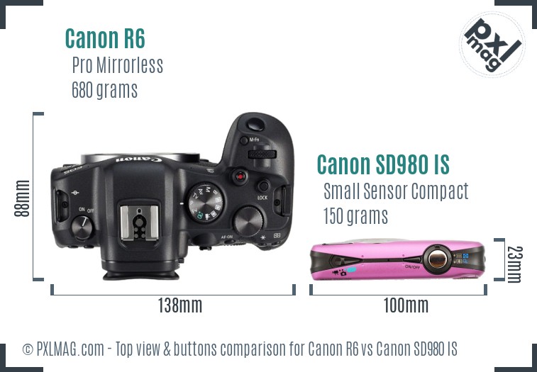 Canon R6 vs Canon SD980 IS top view buttons comparison
