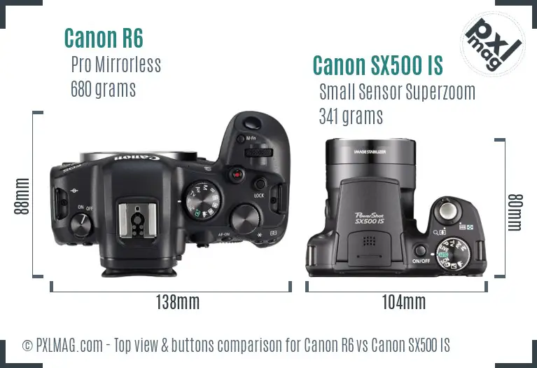 Canon R6 vs Canon SX500 IS top view buttons comparison