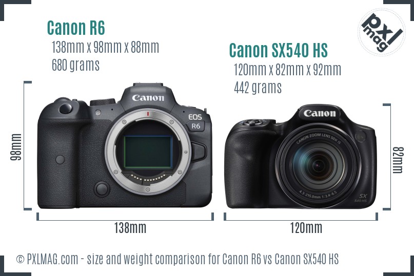 Canon R6 vs Canon SX540 HS size comparison