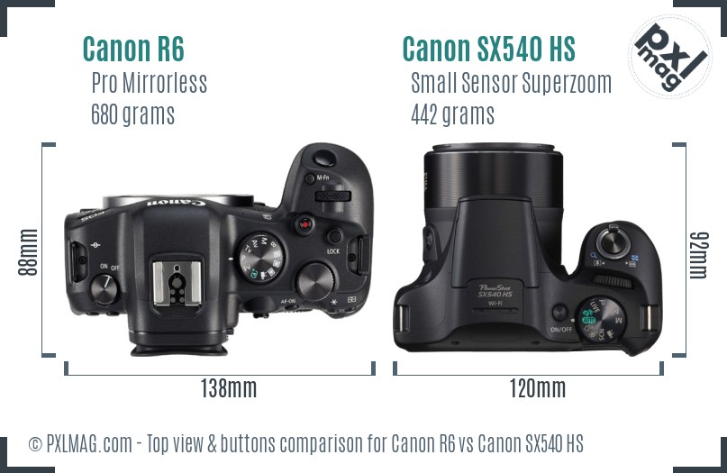 Canon R6 vs Canon SX540 HS top view buttons comparison