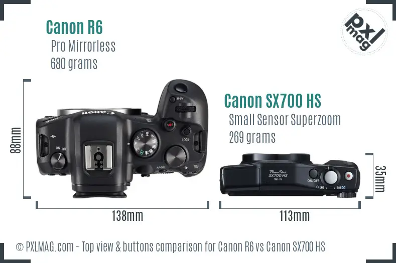 Canon R6 vs Canon SX700 HS top view buttons comparison