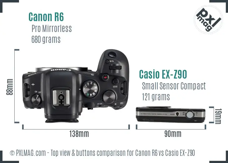 Canon R6 vs Casio EX-Z90 top view buttons comparison