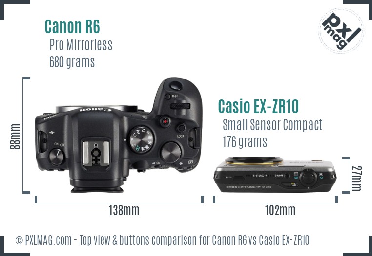 Canon R6 vs Casio EX-ZR10 top view buttons comparison
