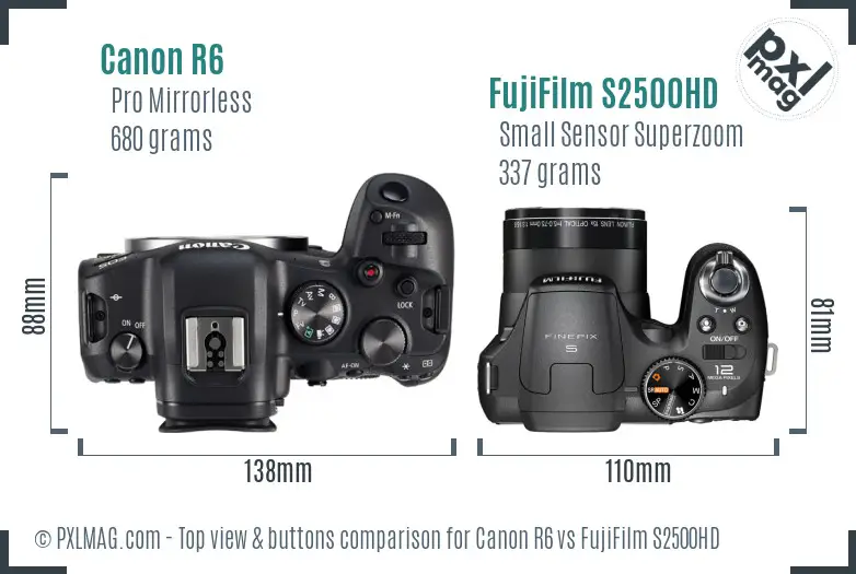 Canon R6 vs FujiFilm S2500HD top view buttons comparison