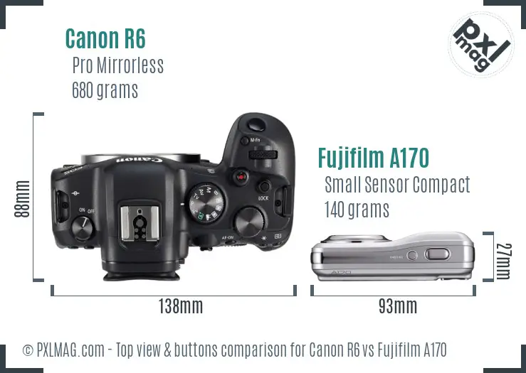 Canon R6 vs Fujifilm A170 top view buttons comparison