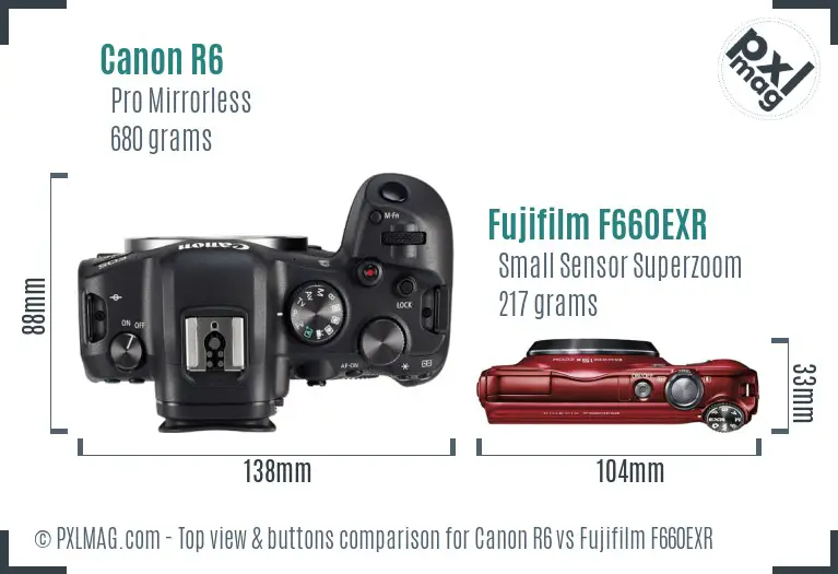 Canon R6 vs Fujifilm F660EXR top view buttons comparison
