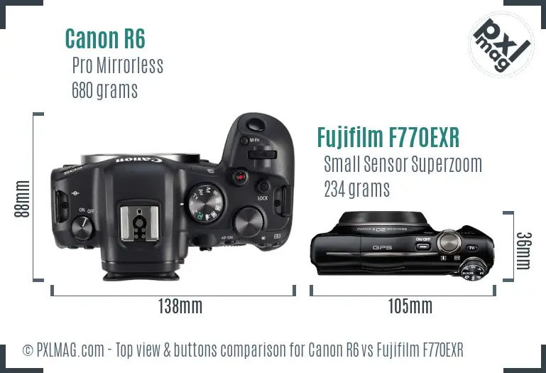 Canon R6 vs Fujifilm F770EXR top view buttons comparison