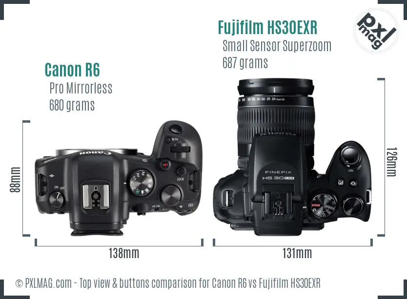 Canon R6 vs Fujifilm HS30EXR top view buttons comparison Canon R6 vs Fujifilm HS30EXR top view buttons comparison
