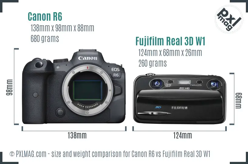 Canon R6 vs Fujifilm Real 3D W1 size comparison