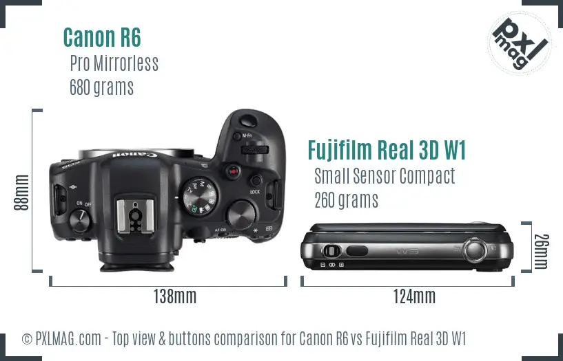 Canon R6 vs Fujifilm Real 3D W1 top view buttons comparison