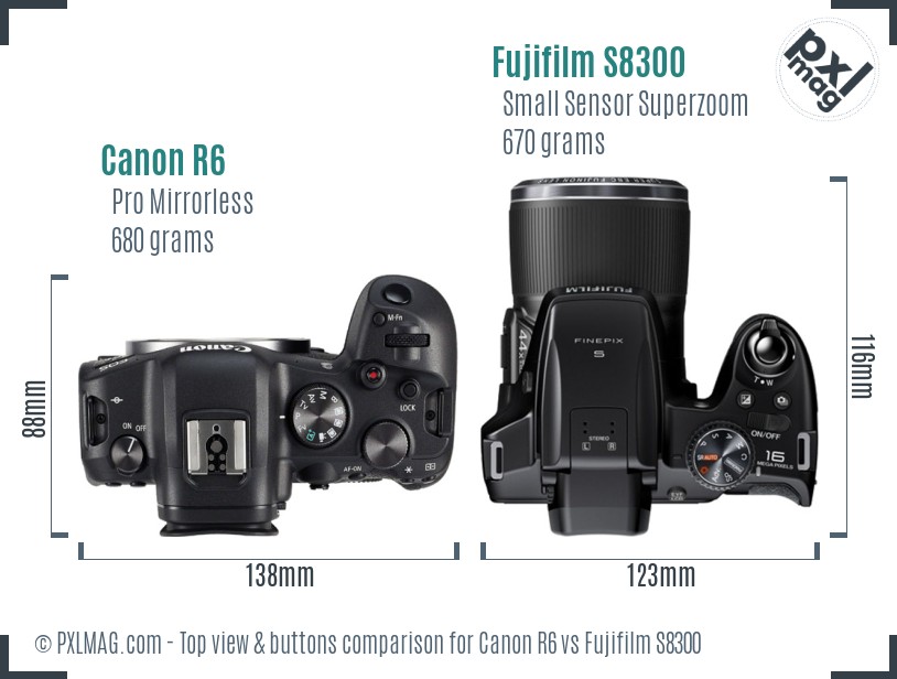 Canon R6 vs Fujifilm S8300 top view buttons comparison