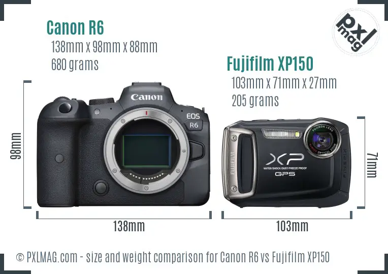 Canon R6 vs Fujifilm XP150 size comparison