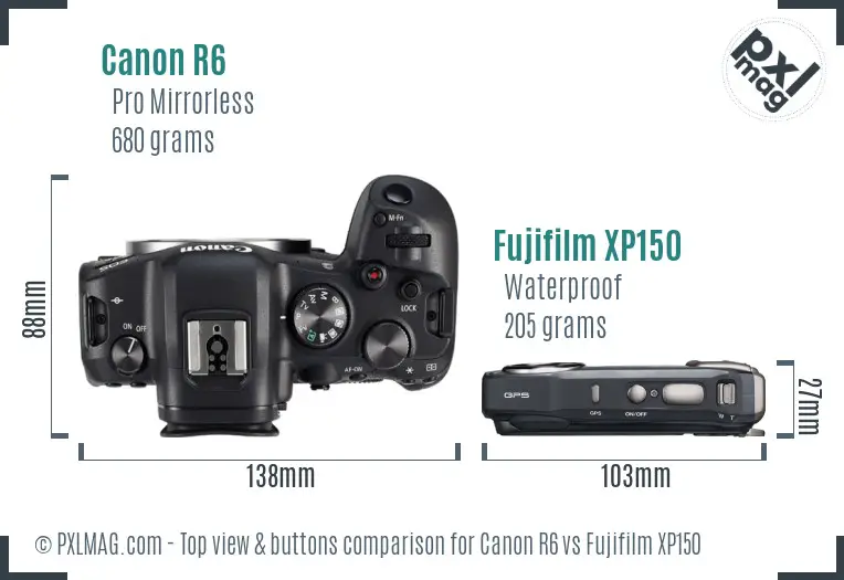 Canon R6 vs Fujifilm XP150 top view buttons comparison