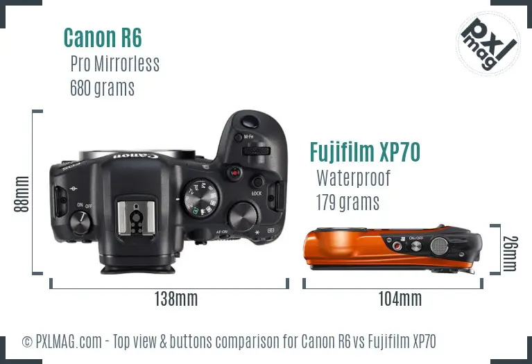 Canon R6 vs Fujifilm XP70 top view buttons comparison