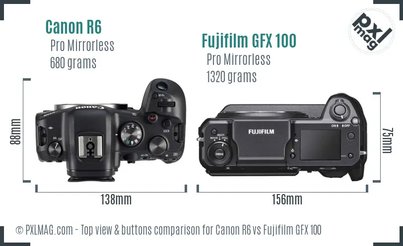 Canon R6 vs Fujifilm GFX 100 top view buttons comparison