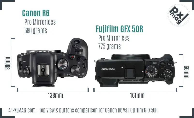 Canon R6 vs Fujifilm GFX 50R top view buttons comparison