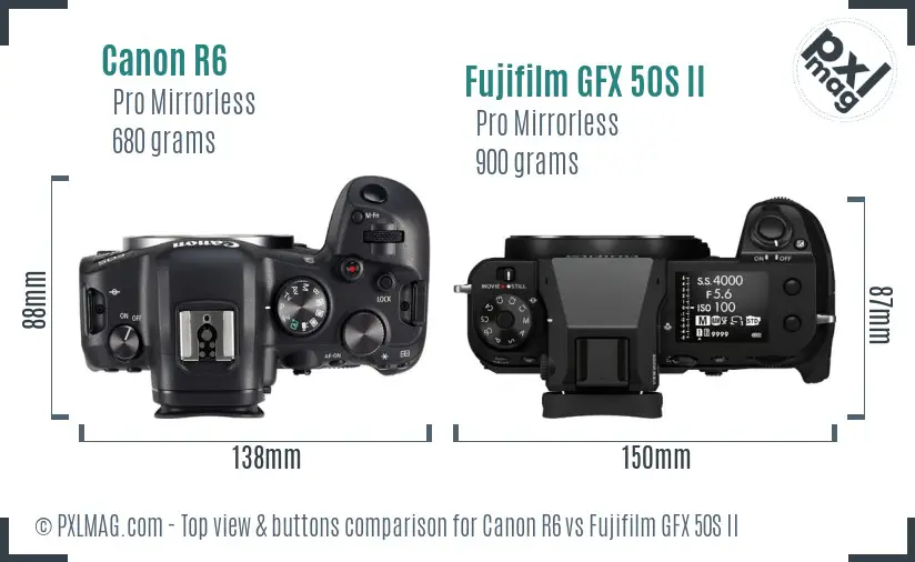 Canon R6 vs Fujifilm GFX 50S II top view buttons comparison