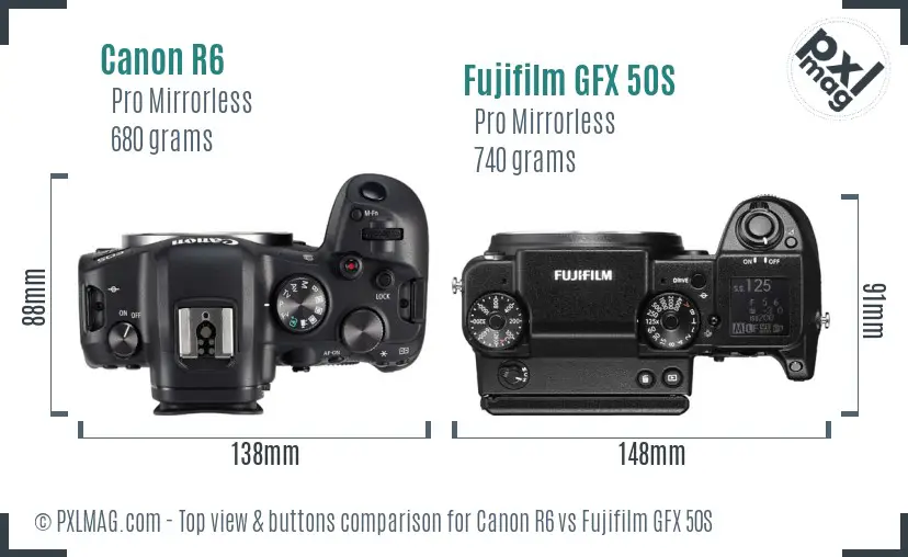 Canon R6 vs Fujifilm GFX 50S top view buttons comparison