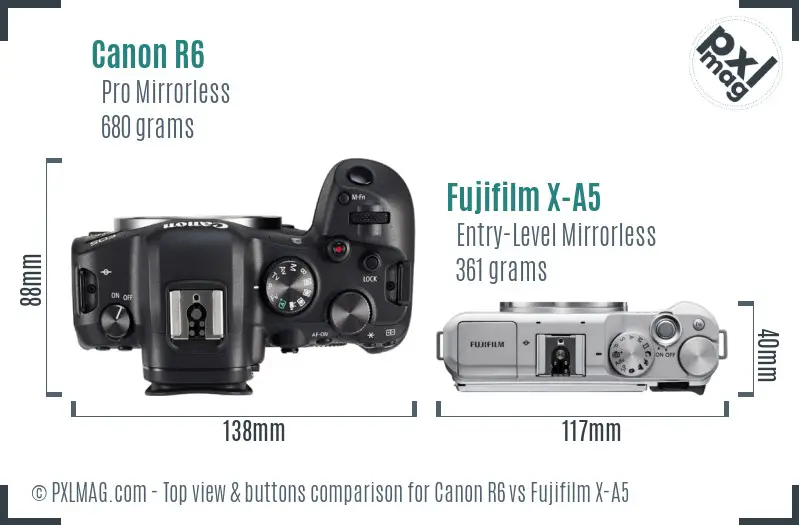 Canon R6 vs Fujifilm X-A5 top view buttons comparison