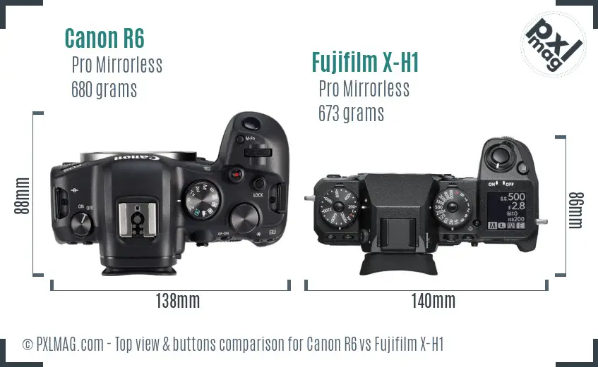 Canon R6 vs Fujifilm X-H1 top view buttons comparison