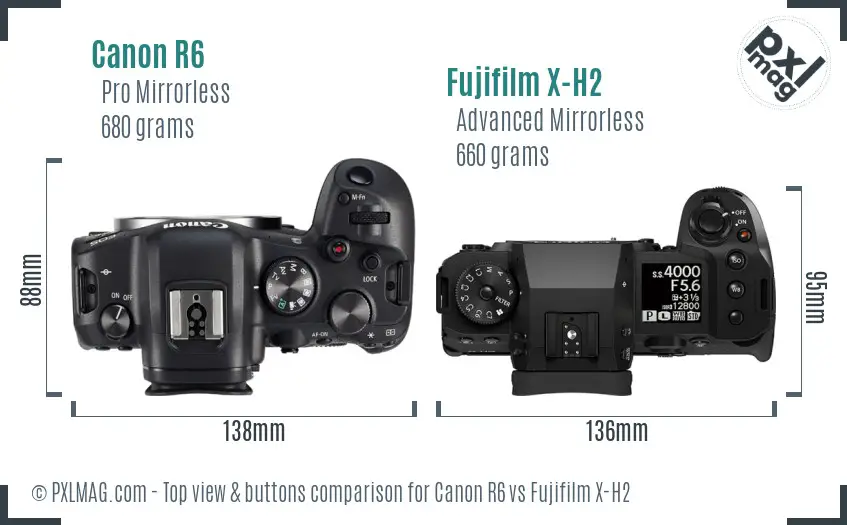 Canon R6 vs Fujifilm X-H2 top view buttons comparison