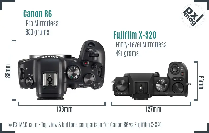 Canon R6 vs Fujifilm X-S20 top view buttons comparison