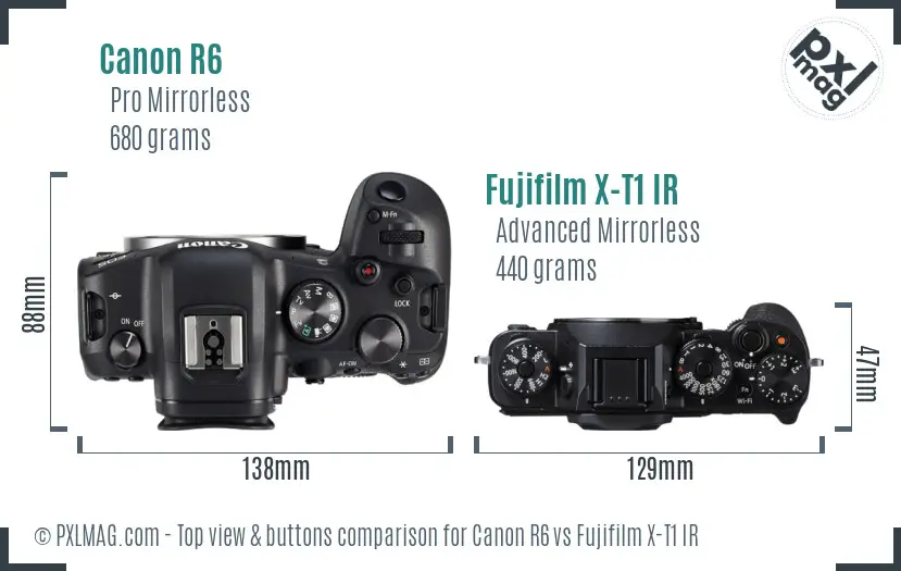 Canon R6 vs Fujifilm X-T1 IR top view buttons comparison