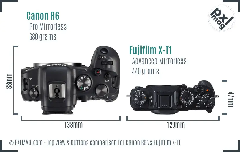 Canon R6 vs Fujifilm X-T1 top view buttons comparison