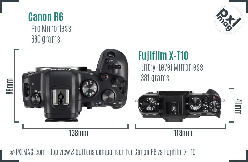Canon R6 vs Fujifilm X-T10 top view buttons comparison
