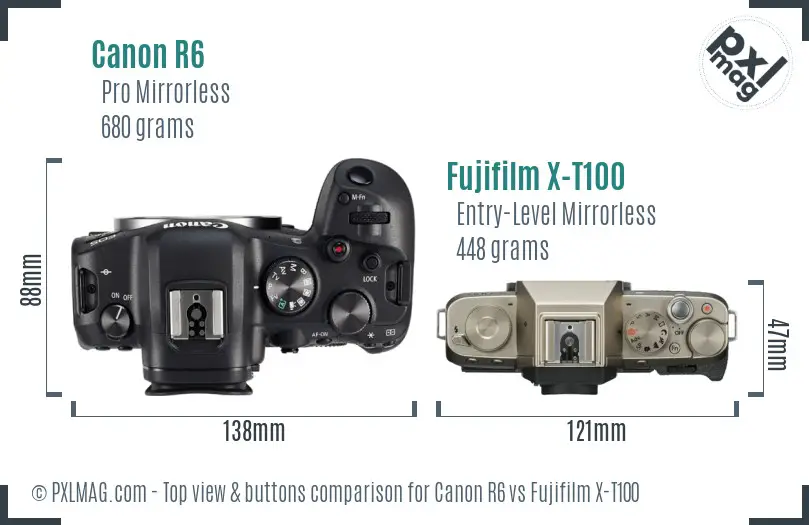 Canon R6 vs Fujifilm X-T100 top view buttons comparison