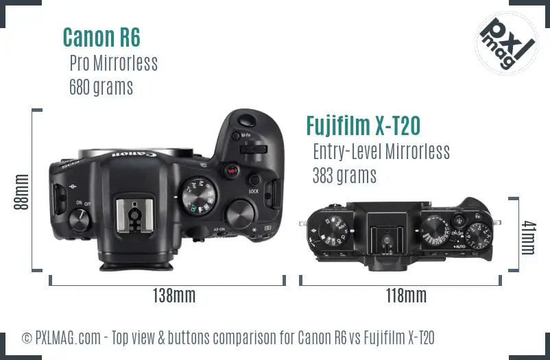 Canon R6 vs Fujifilm X-T20 top view buttons comparison