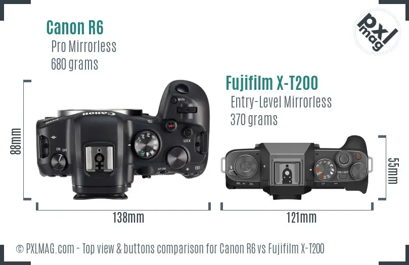 Canon R6 vs Fujifilm X-T200 top view buttons comparison