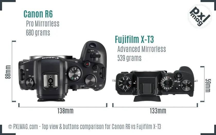 Canon R6 vs Fujifilm X-T3 top view buttons comparison