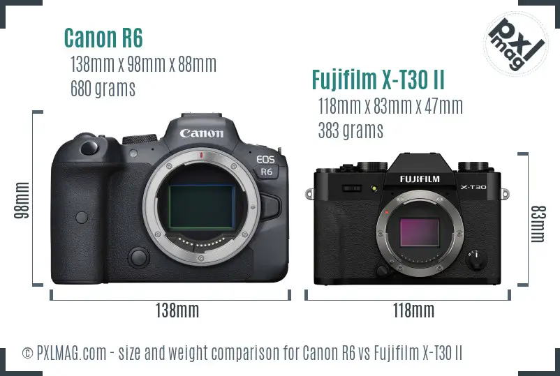 Canon R6 vs Fujifilm X-T30 II size comparison