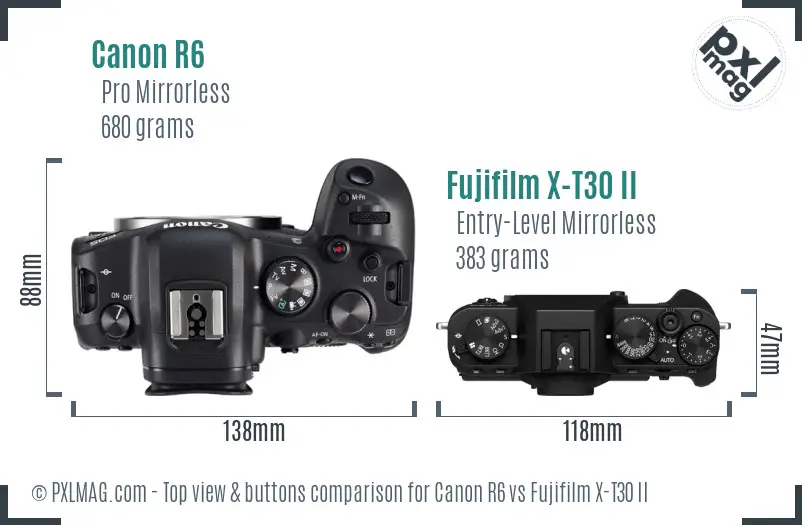 Canon R6 vs Fujifilm X-T30 II top view buttons comparison
