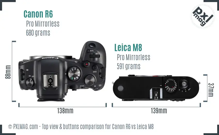 Canon R6 vs Leica M8 top view buttons comparison