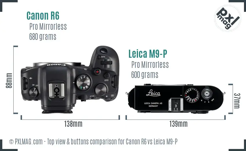 Canon R6 vs Leica M9-P top view buttons comparison