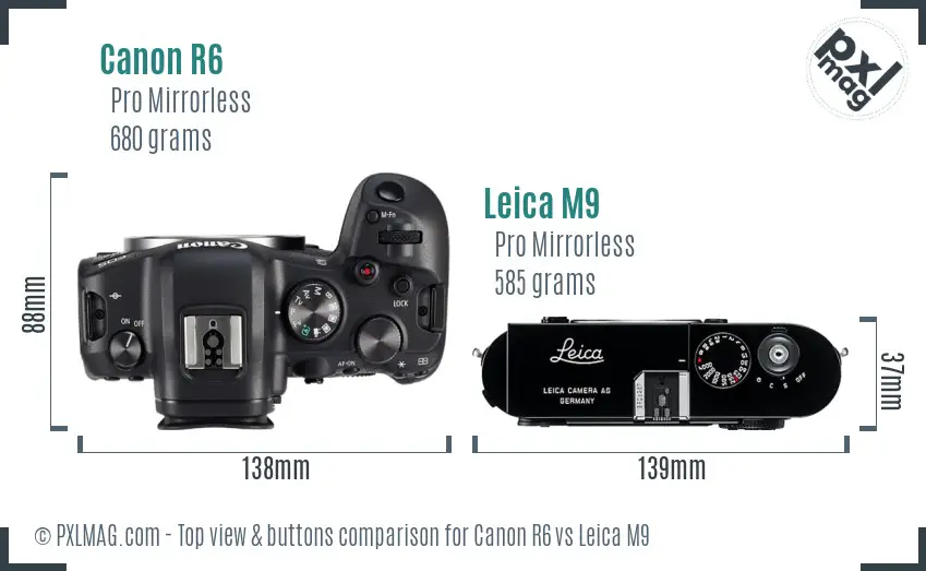 Canon R6 vs Leica M9 top view buttons comparison Canon R6 vs Leica M9 top view buttons comparison