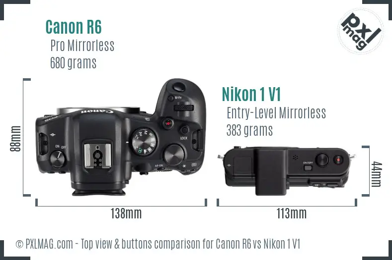 Canon R6 vs Nikon 1 V1 top view buttons comparison
