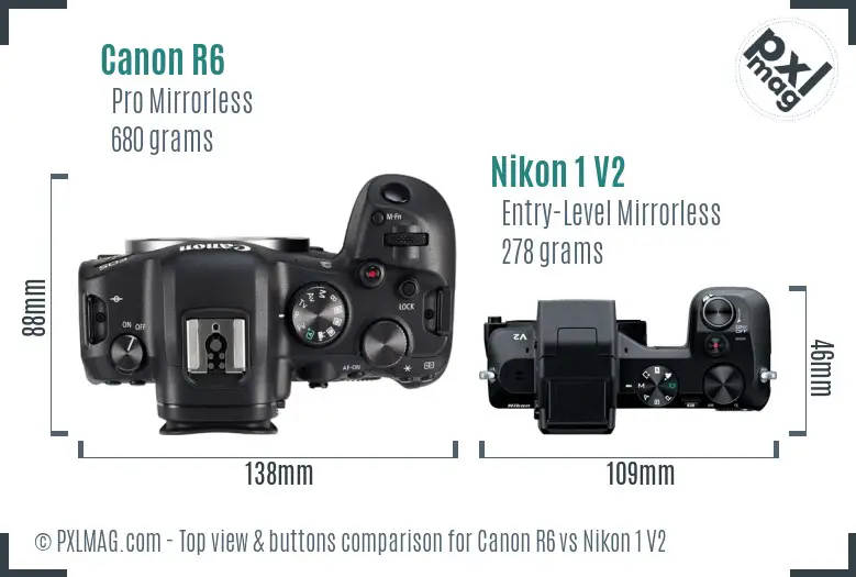 Canon R6 vs Nikon 1 V2 top view buttons comparison
