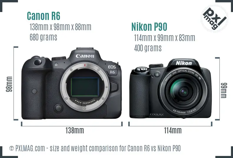 Canon R6 vs Nikon P90 size comparison