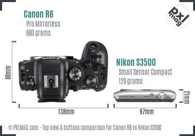 Canon R6 vs Nikon S3500 top view buttons comparison