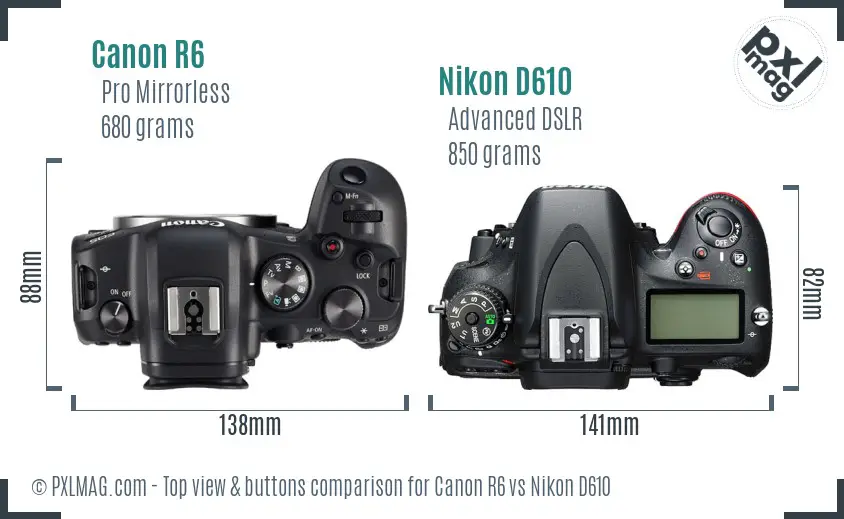 Canon R6 vs Nikon D610 top view buttons comparison