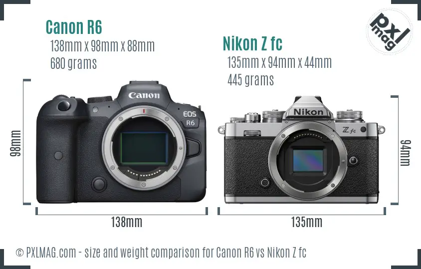 Canon R6 vs Nikon Z fc size comparison