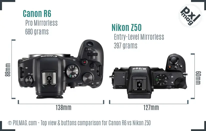 Canon R6 vs Nikon Z50 top view buttons comparison Canon R6 vs Nikon Z50 top view buttons comparison