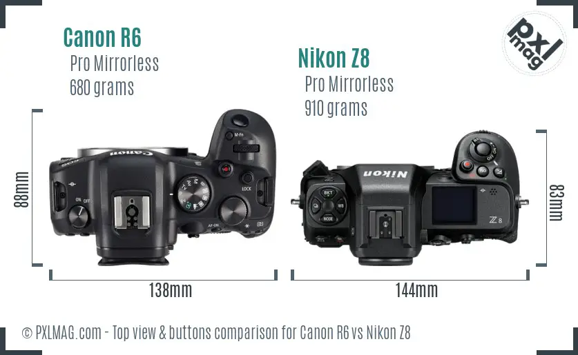 Canon R6 vs Nikon Z8 top view buttons comparison