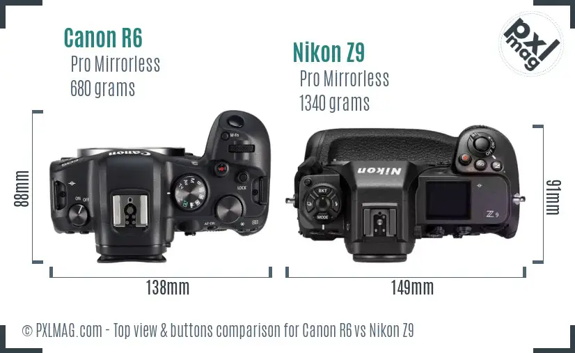 Canon R6 vs Nikon Z9 top view buttons comparison