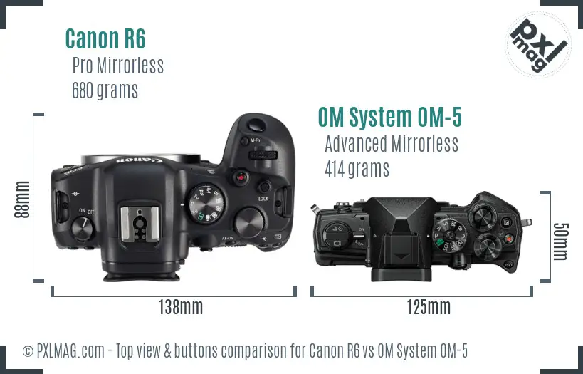 Canon R6 vs OM System OM-5 top view buttons comparison
