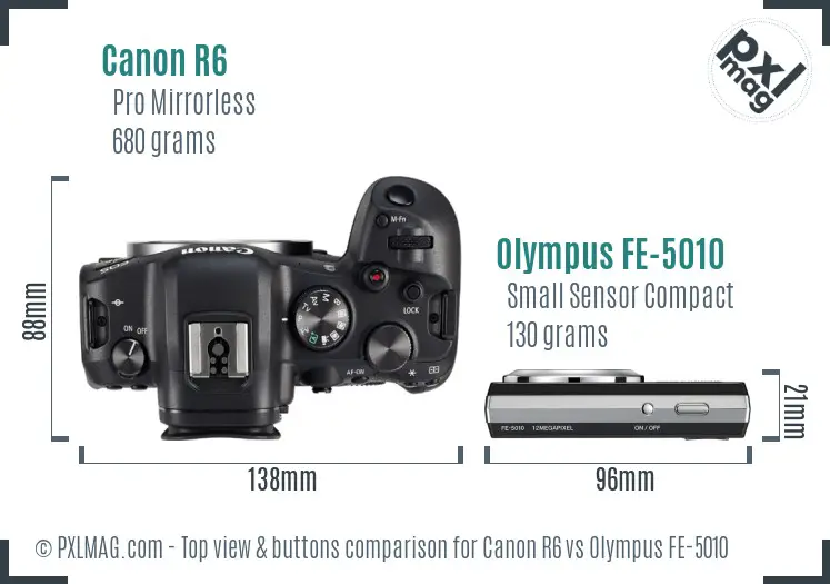 Canon R6 vs Olympus FE-5010 top view buttons comparison