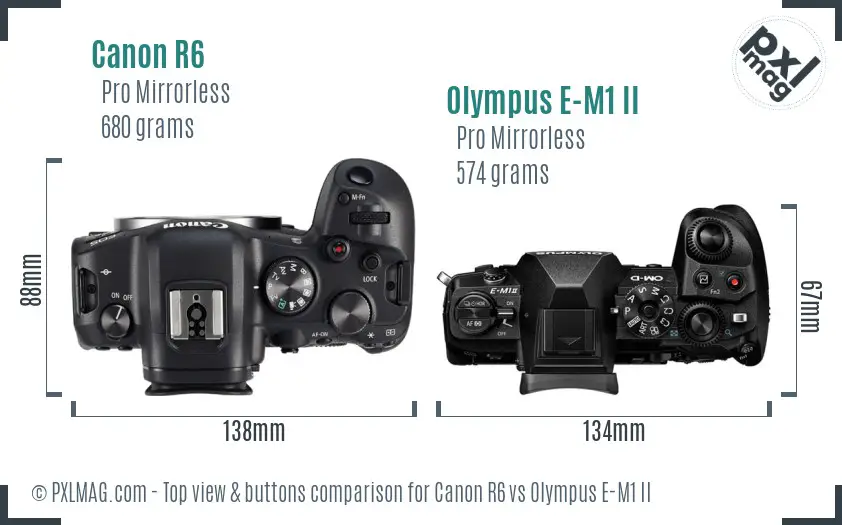 Canon R6 vs Olympus E-M1 II top view buttons comparison